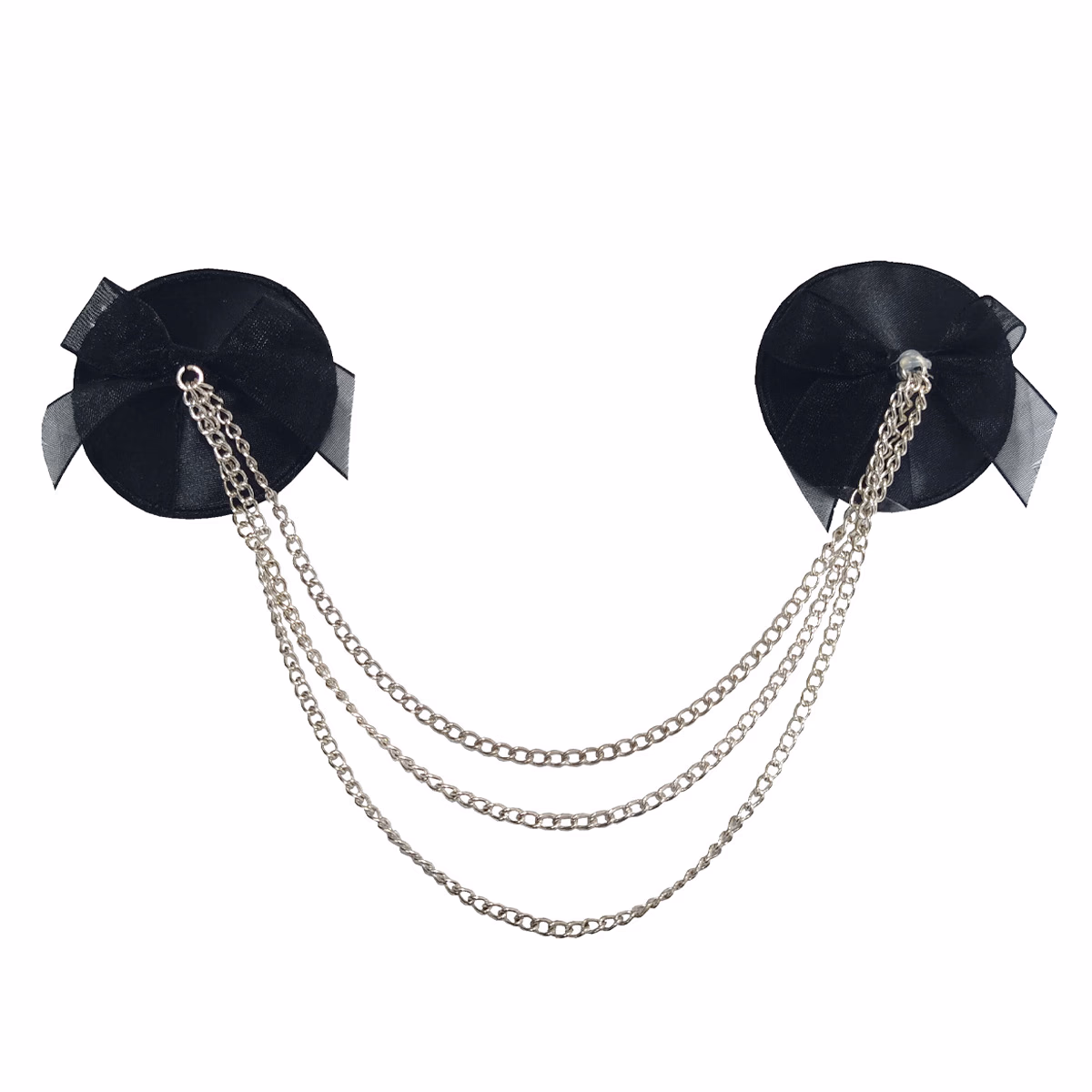 Black fabric-backed silver metal chain nipple covers