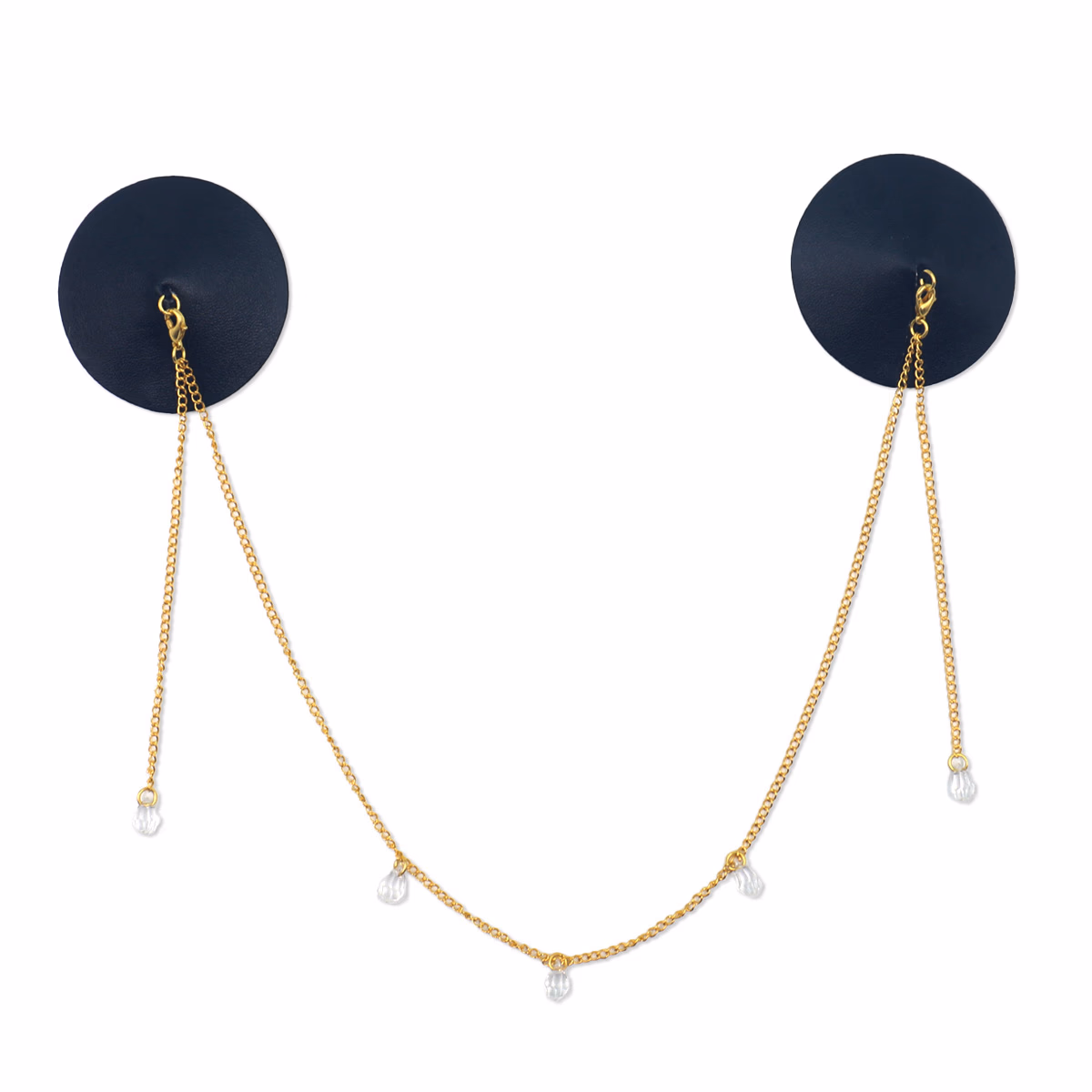 Black leather surface with detachable metal chain nipple covers