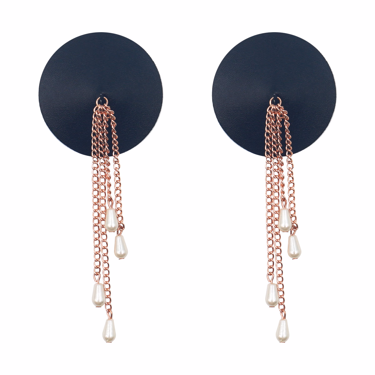Black leather round-shaped with layered metal tassels nipple covers