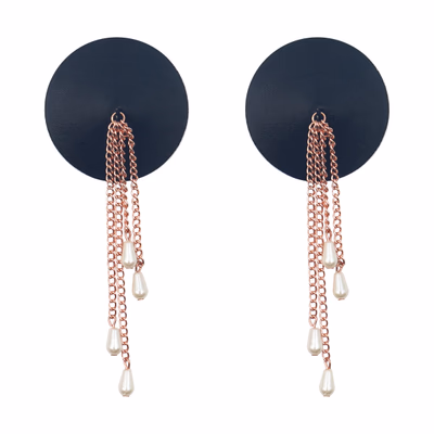 Black leather round-shaped with layered metal tassels nipple covers