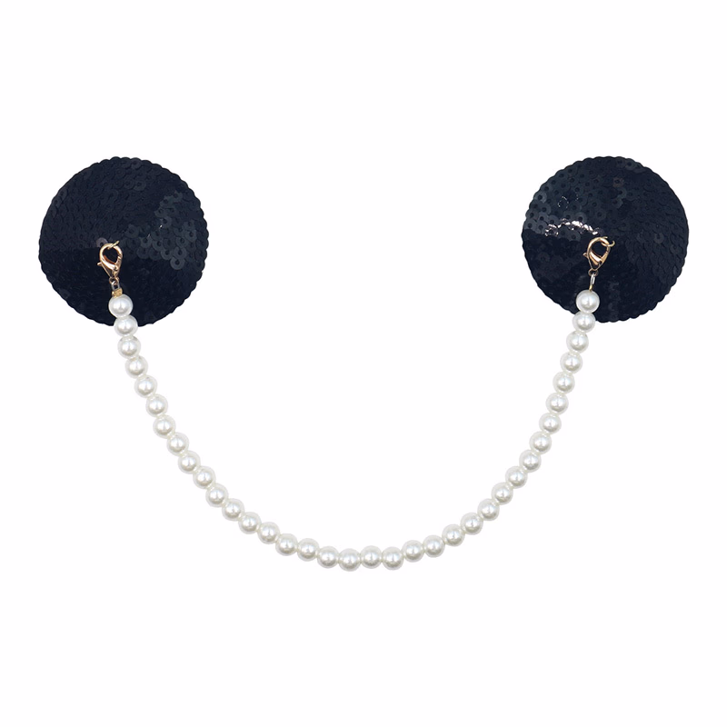 Reusable washable circular sequins sticky nipple cover with white pearl chain - color Black