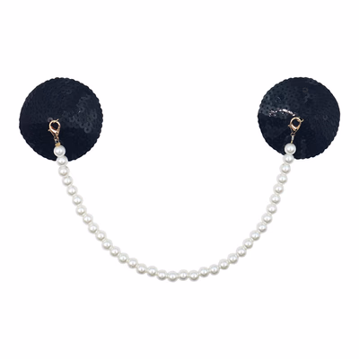 Reusable washable circular sequins sticky nipple cover with white pearl chain - color Black