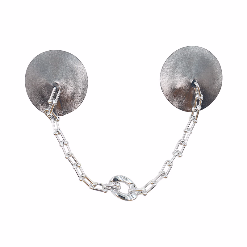 Round gray-plated acrylic nipple cover with chain
