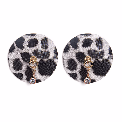 Round leopard-print diamond nipple covers with acrylic pendant