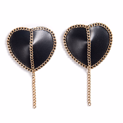 Heart-shaped PU leather nipple covers with metal chains - color Black