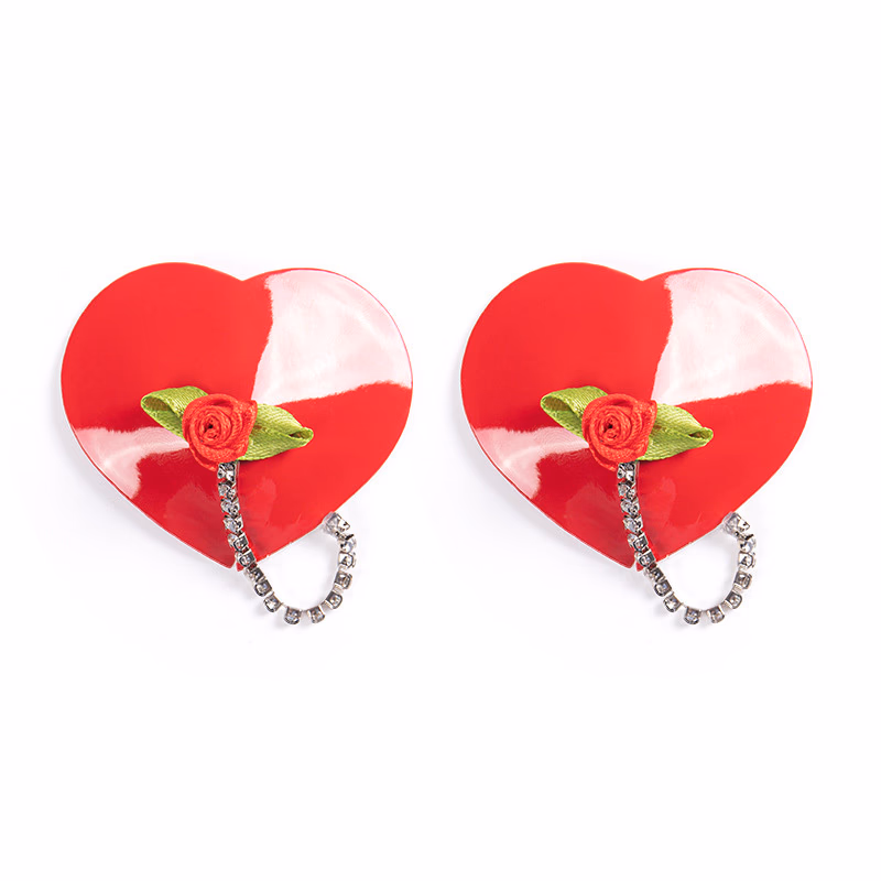 Reusable Heart-shaped PU leather nipple covers with chains and rose - color Red