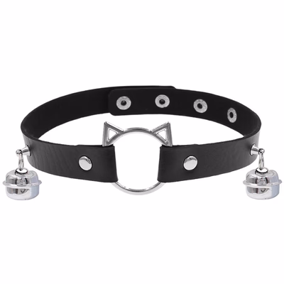​Gothic Meow Bell Collar - Edgy PU Leather Choker for Women, Black