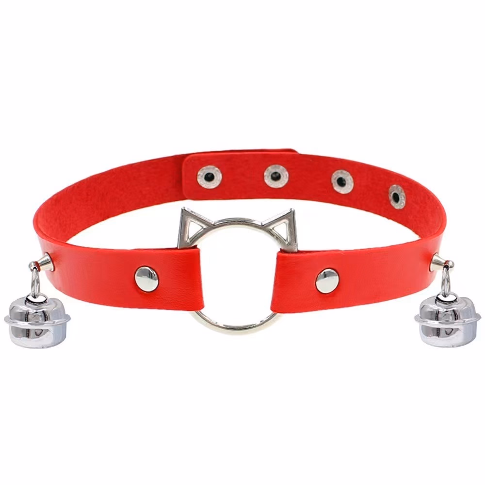 Gothic Meow Bell Collar - Edgy PU Leather Choker for Women, Red