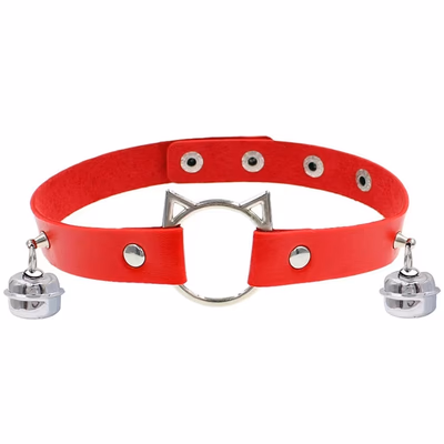 ​Gothic Meow Bell Collar - Edgy PU Leather Choker for Women, Red