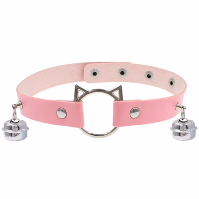 ​Gothic Meow Bell Collar - Edgy PU Leather Choker for Women, Pink