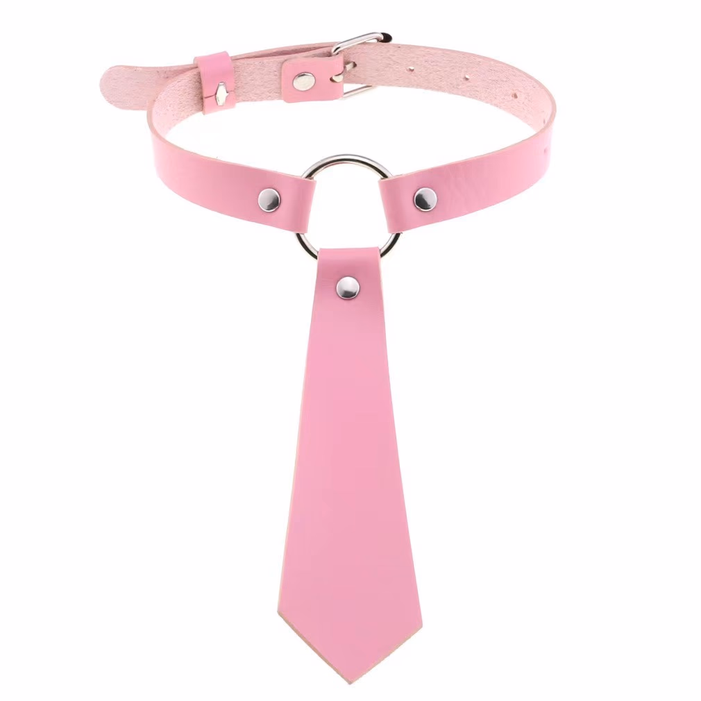 ​Tie-Style Leather BDSM Collar - For Fetish & Fashion​, Pink