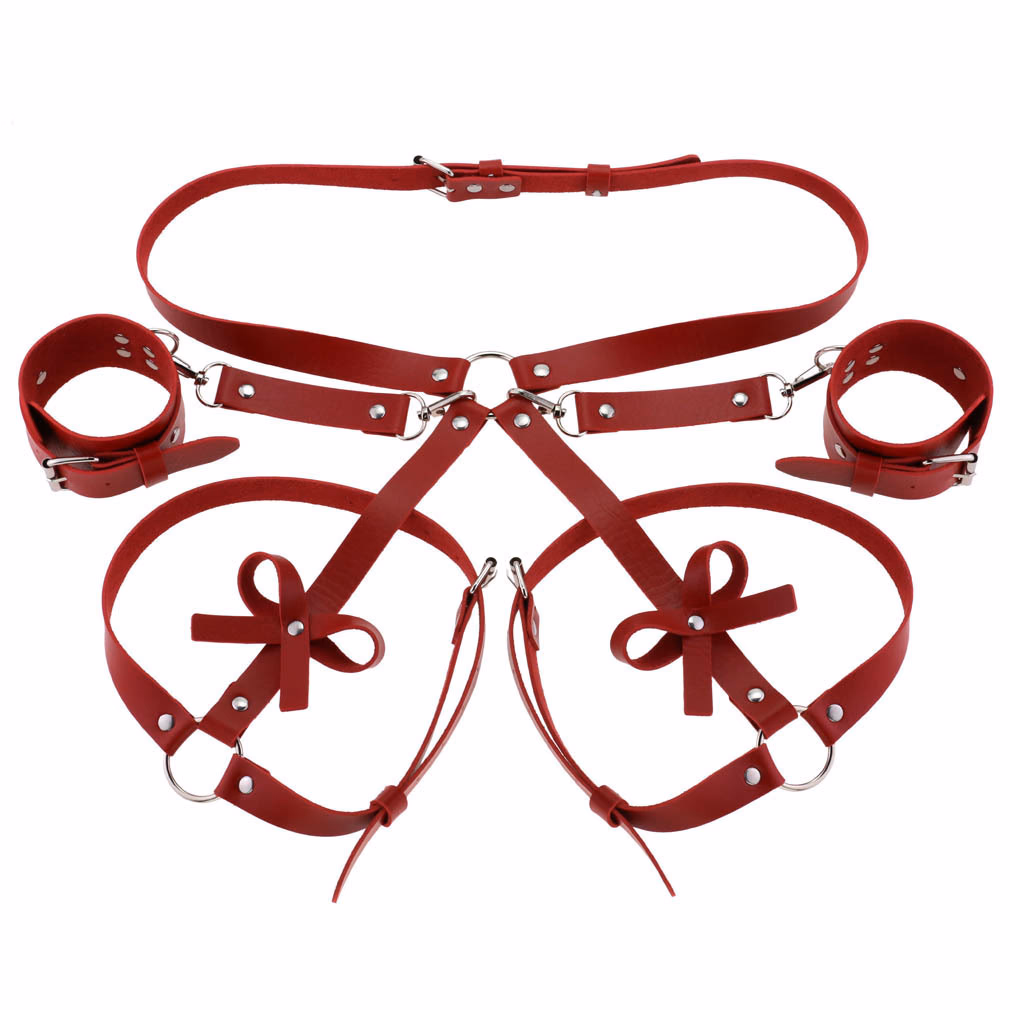 Fashion Leather Bondage Set: Belt, Thigh Band & Wrist Cuff, Red