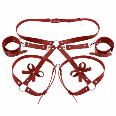 Fashion Leather Bondage Set: Belt, Thigh Band & Wrist Cuff, Red