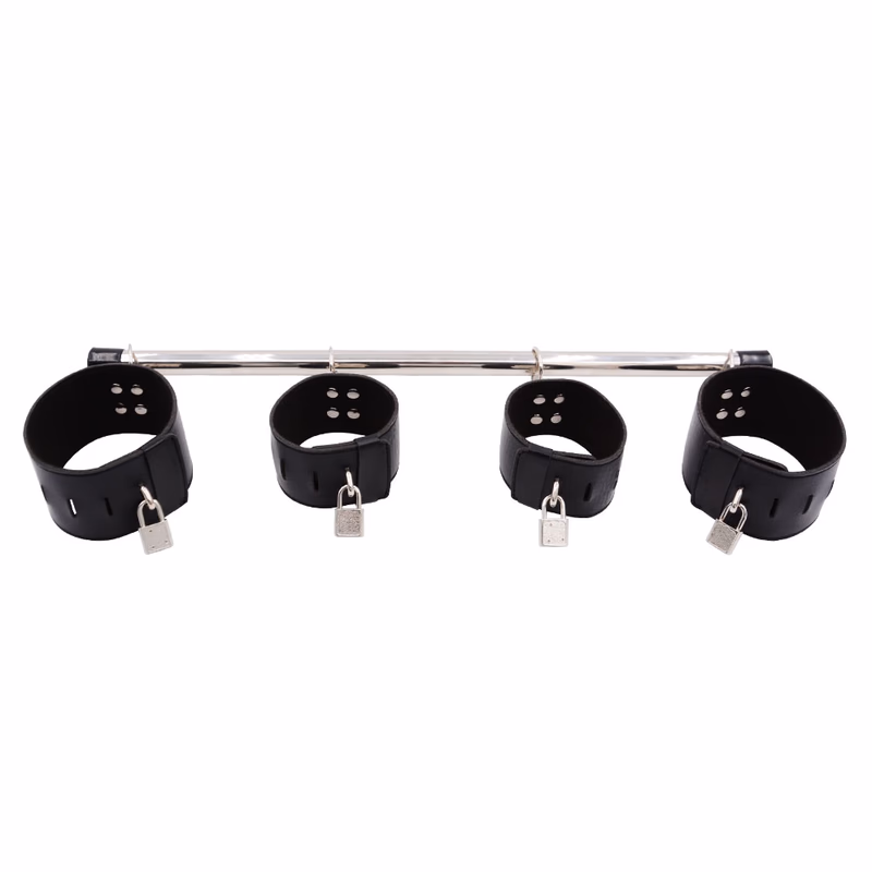 Binding and restraint handcuffs, leg spreaders, restraint frame, black