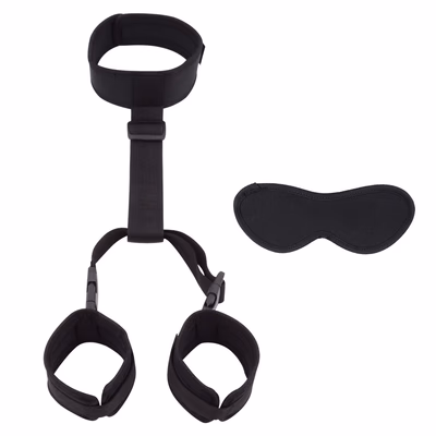 Blindfold, neck brace, collar, handcuffs behind back, black