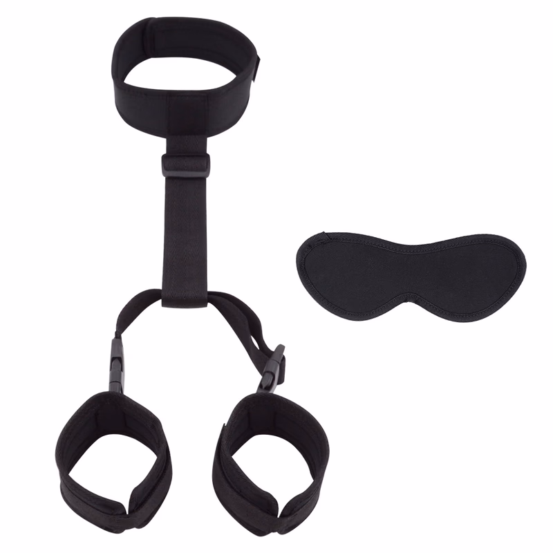 Blindfold, neck brace, collar, handcuffs behind back, black