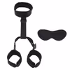 Blindfold, neck brace, collar, handcuffs behind back, black