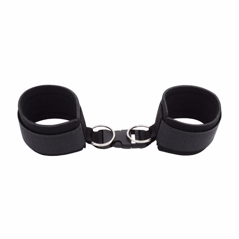 A pair of handcuffs made of neoprene and webbing, black.