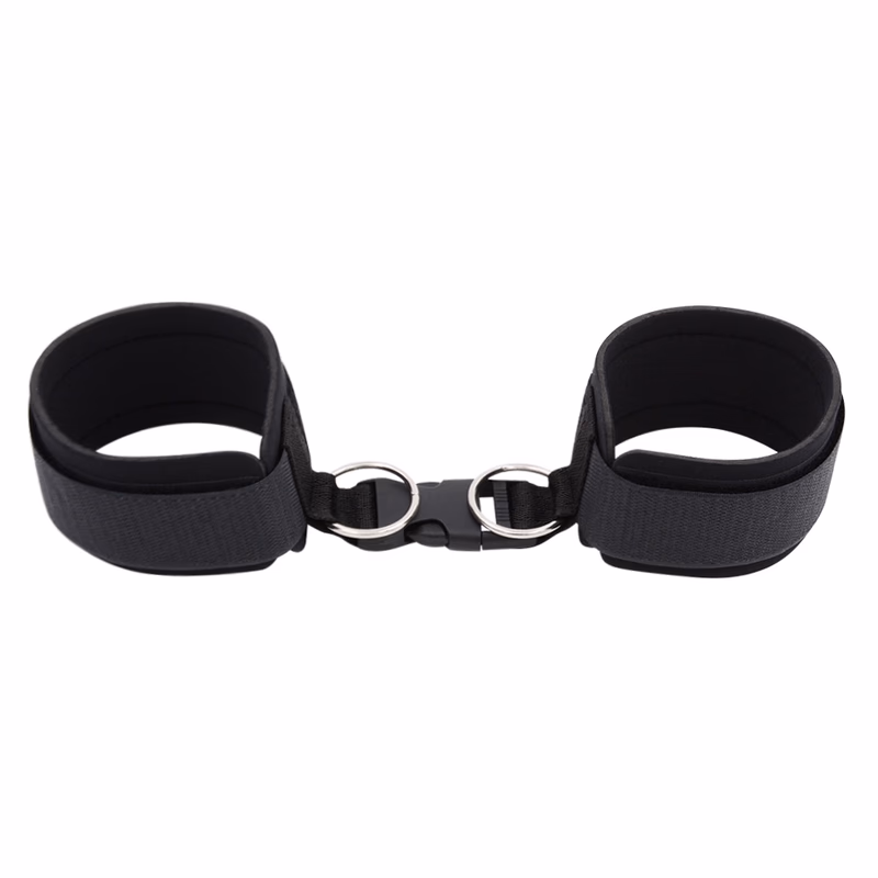 A pair of black shackles made of diving material and webbing.