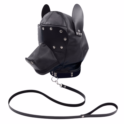 Dog head hooded mask (with leash), black