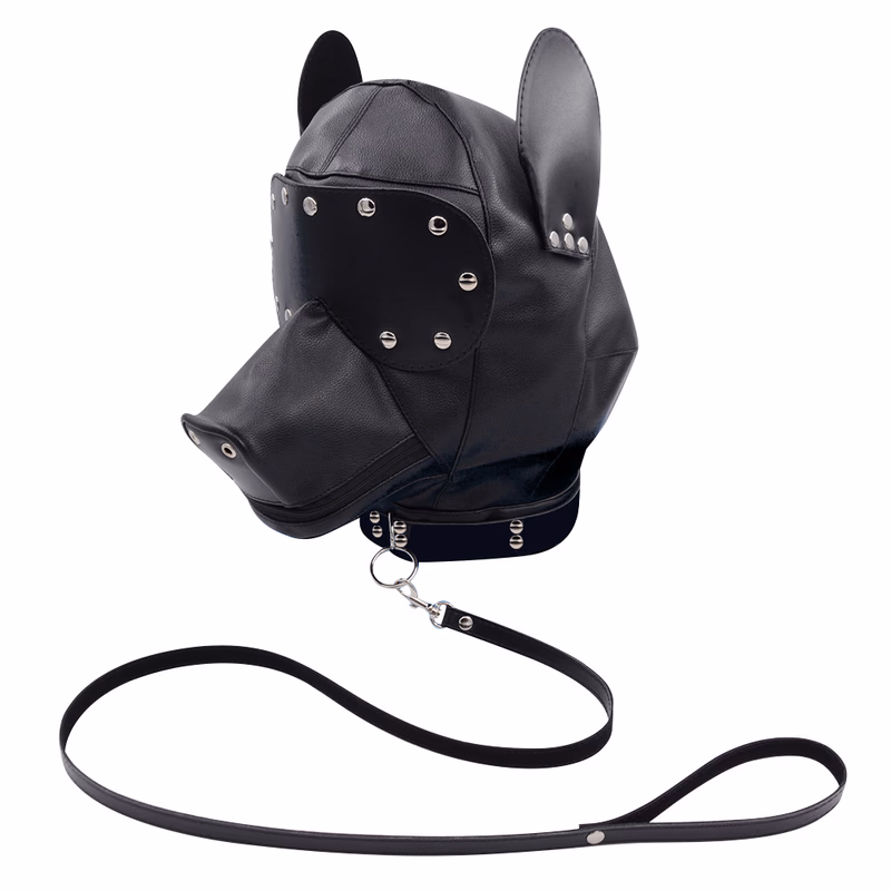 Dog head hooded mask (with leash), black