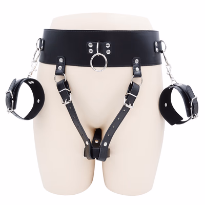 Female AV vibrator with pants, wearable pants for masturbation, fixed with handcuffs and leg irons - plus size, black