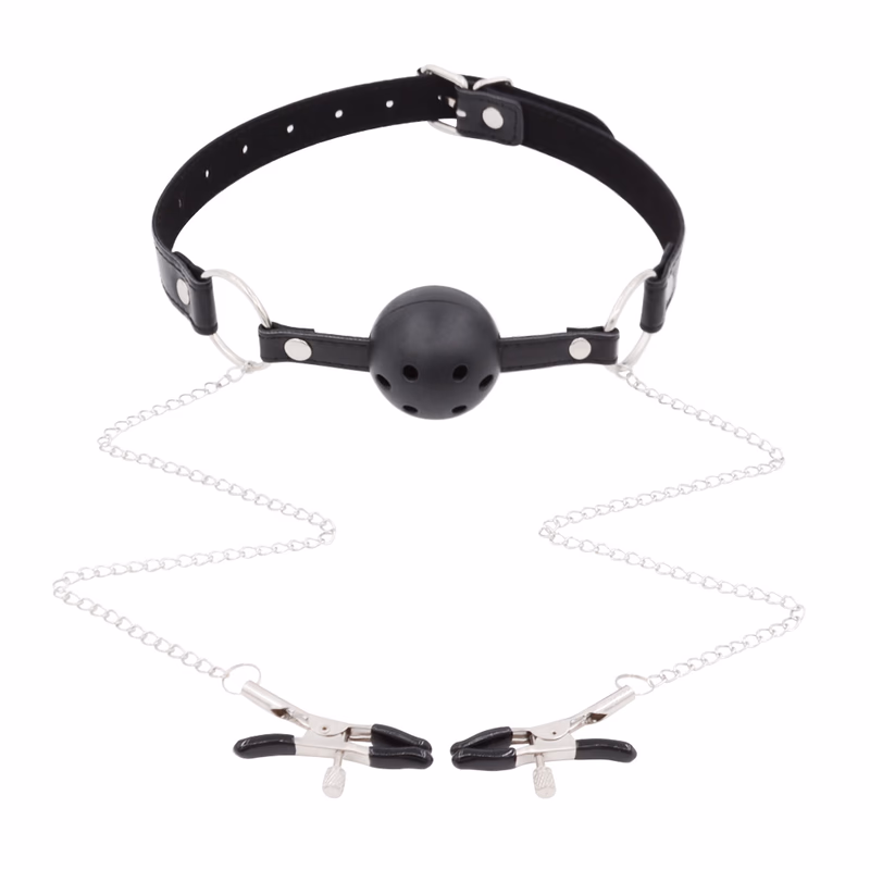 Nipple clamp chain with gag, nipple stimulation, black