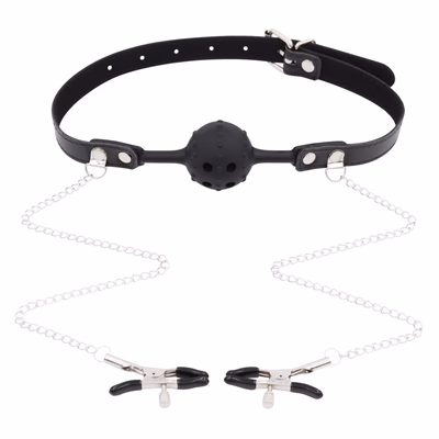 Silicone gag with a built-in ball, nipple clamp chain (with holes), black.