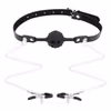Silicone gag with a built-in ball, nipple clamp chain (with holes), black.