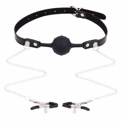 Silicone gag with attached gag, nipple clamp chain (no holes), black.