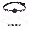 Silicone gag with attached gag, nipple clamp chain (no holes), black.