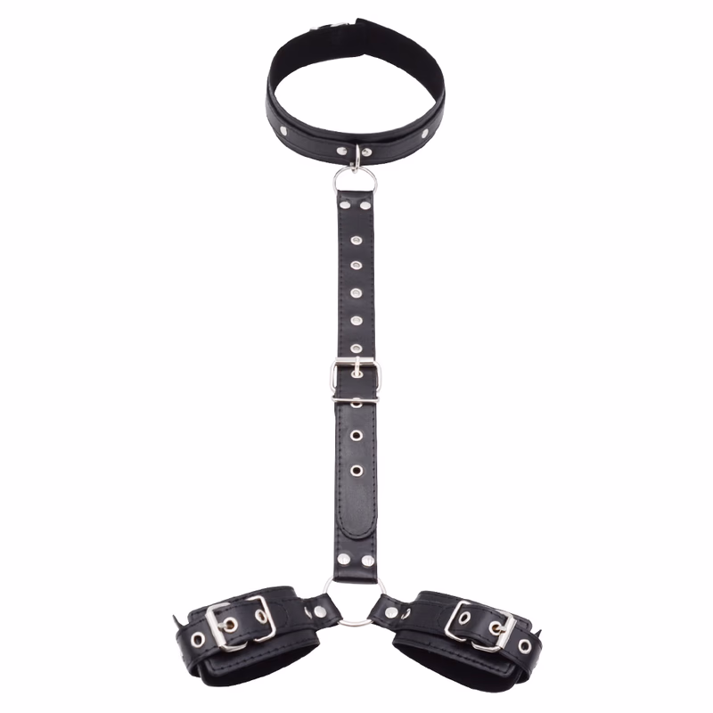 Leather reverse-style strap handcuff collar, black