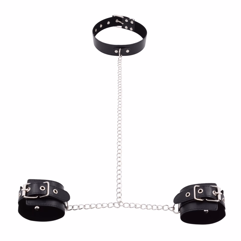 Black handcuffs with chains attached, worn behind the back, used for restraint.