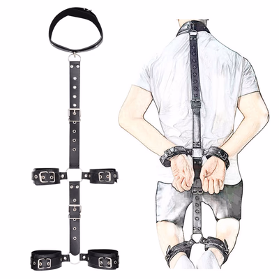 Leather reverse handcuffs and leg irons set, black