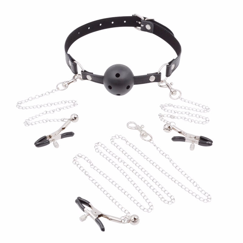 Chain-linked nipple clamp, clitoral clamp, and gag set, black.