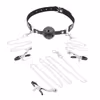 Chain-linked nipple clamp, clitoral clamp, and gag set, black.