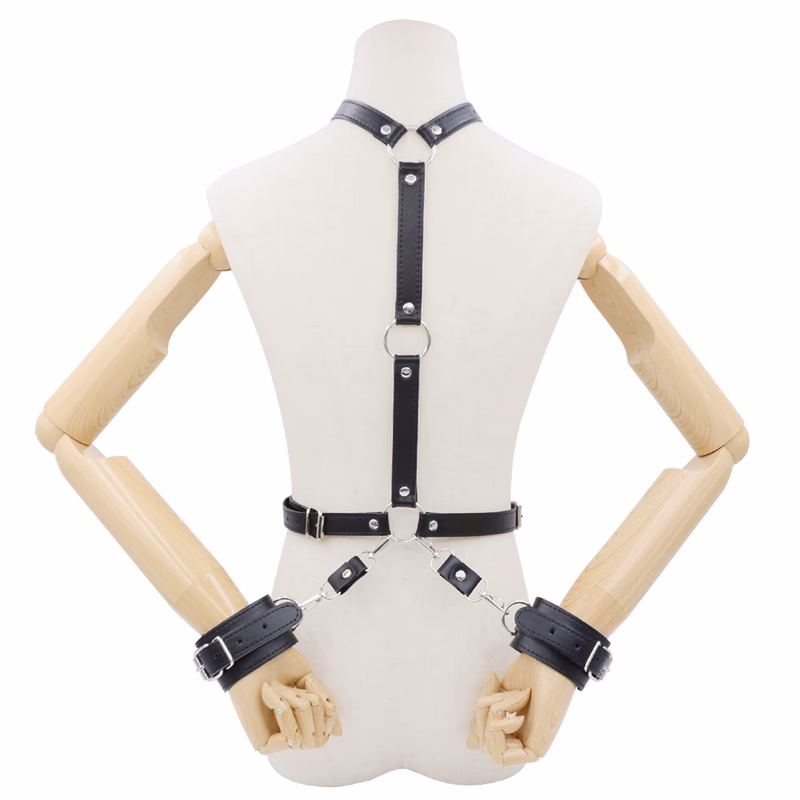 PU leather reverse hand bondage garment, black