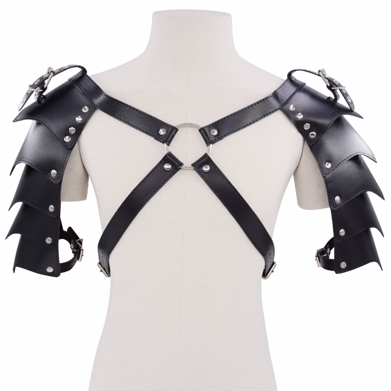 The muscular man wore leather shoulder armor, black.