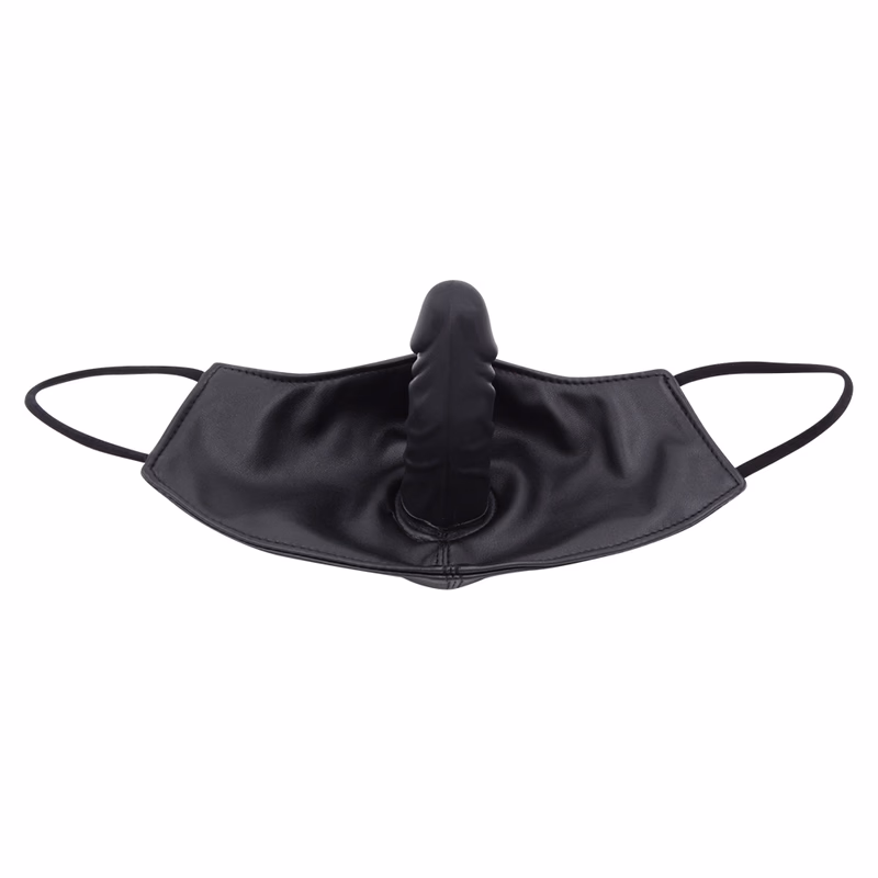 PU leather + silicone dildo gag SM mask, black - 10cm dildo