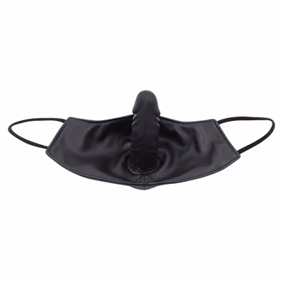 PU leather + silicone dildo gag SM mask, black - 10cm dildo