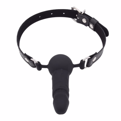 Adjustable leather strap silicone dildo gag, black