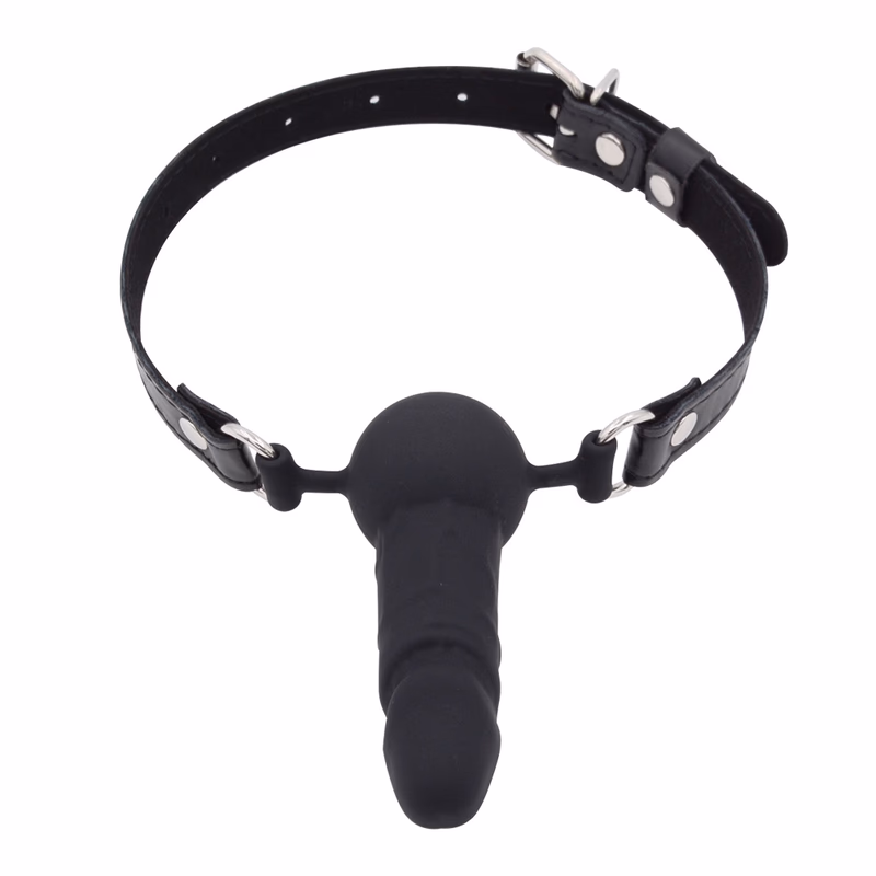 Adjustable leather strap silicone dildo gag, black