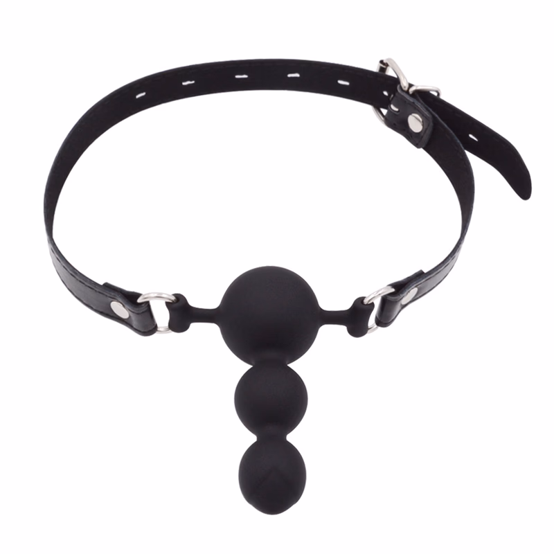 Adjustable leather strap with rubber plug for deep throat gag, black