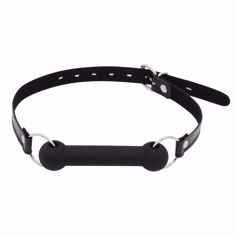 Adjustable leather strap, one-piece silicone gag, black