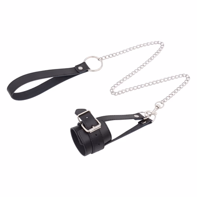 Genuine leather male scrotum restraint belt, black