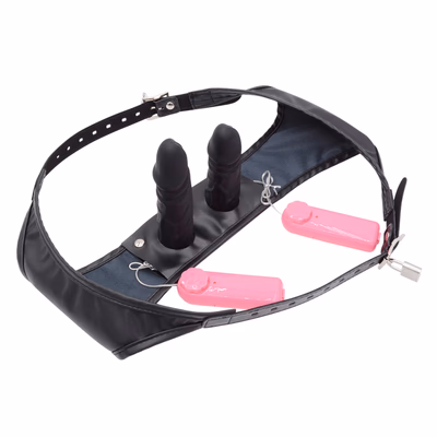 Leather women's phallus panties, black - vibrating (with 1 lock)