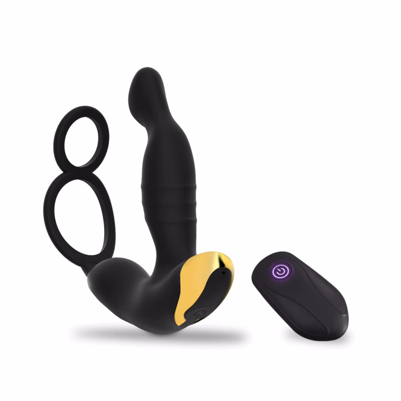 Remote-controlled male prostate massager, anal plug, double-ring semen-locking delay masturbator with silent design.