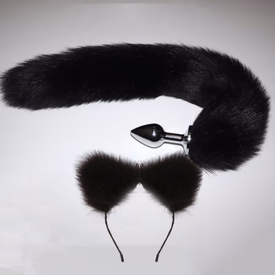 Anal plug + tail + lubricant + headband (large) black