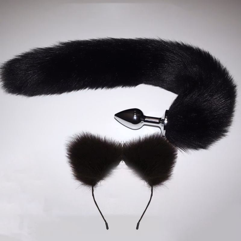 Anal plug + tail + lubricant + headband (large) black