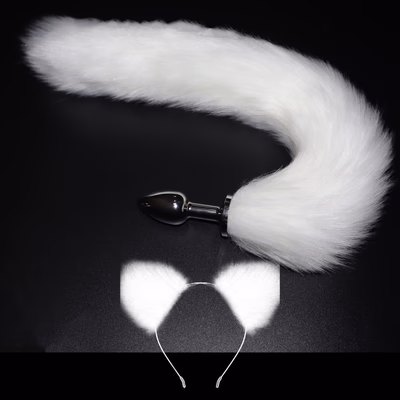 Anal plug + tail + lubricant + hairband (small) white